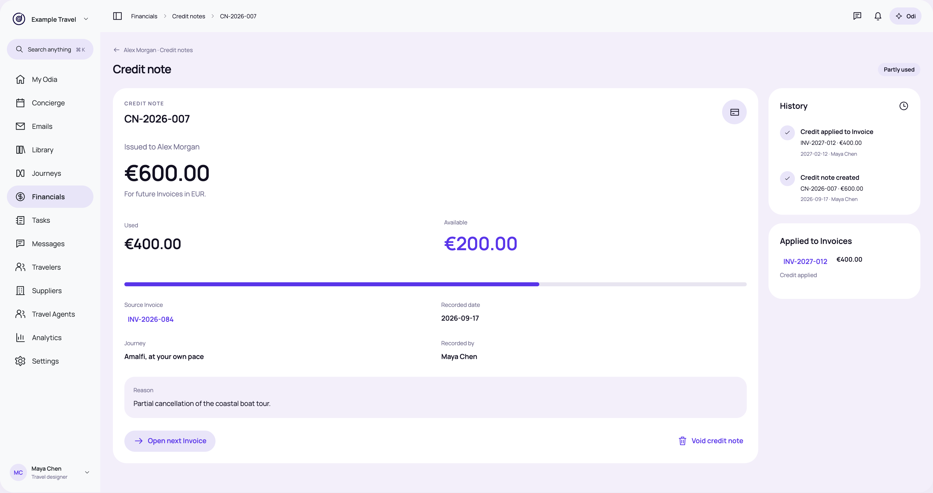 Credit note · partly used