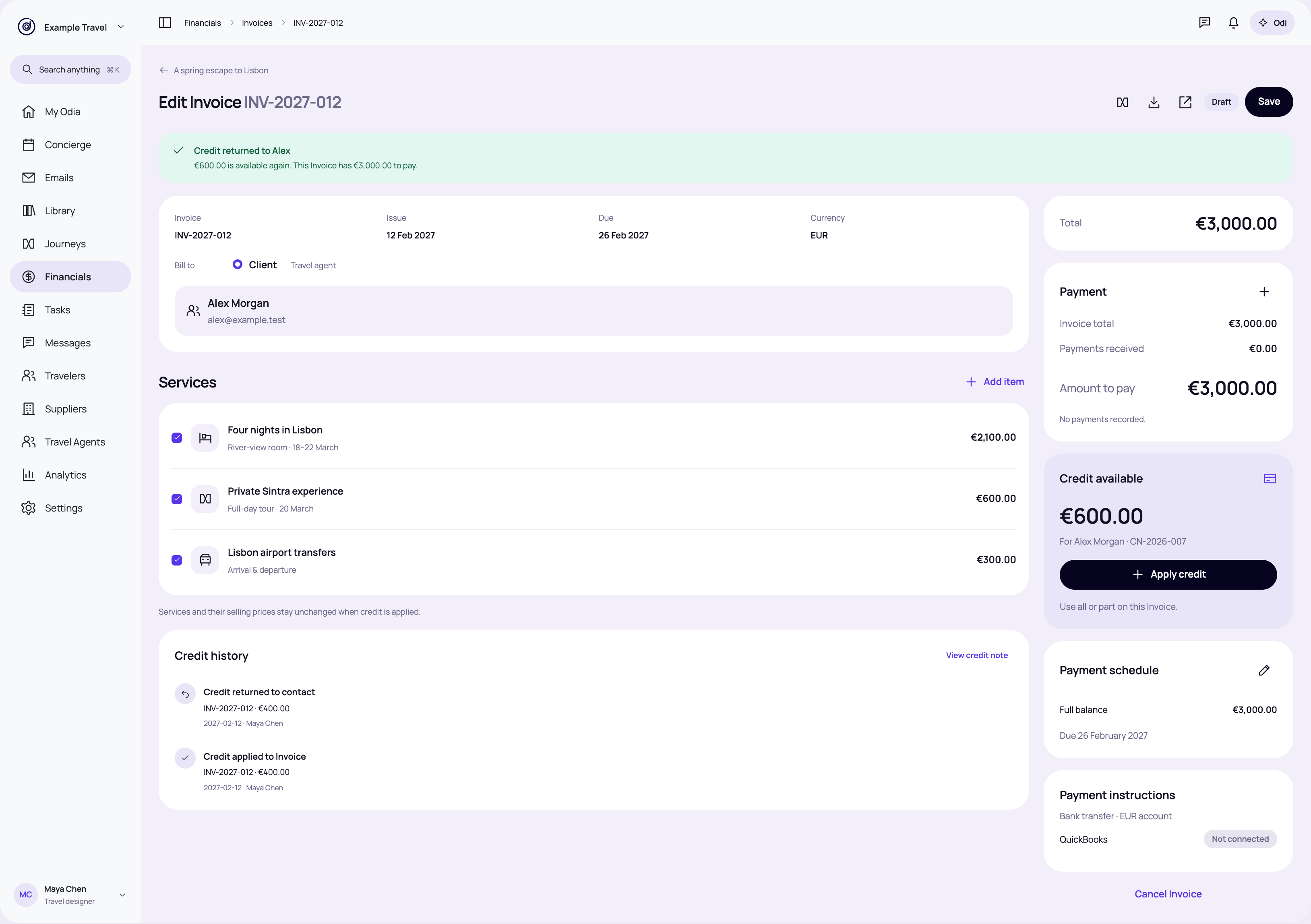 Credit returned to the contact