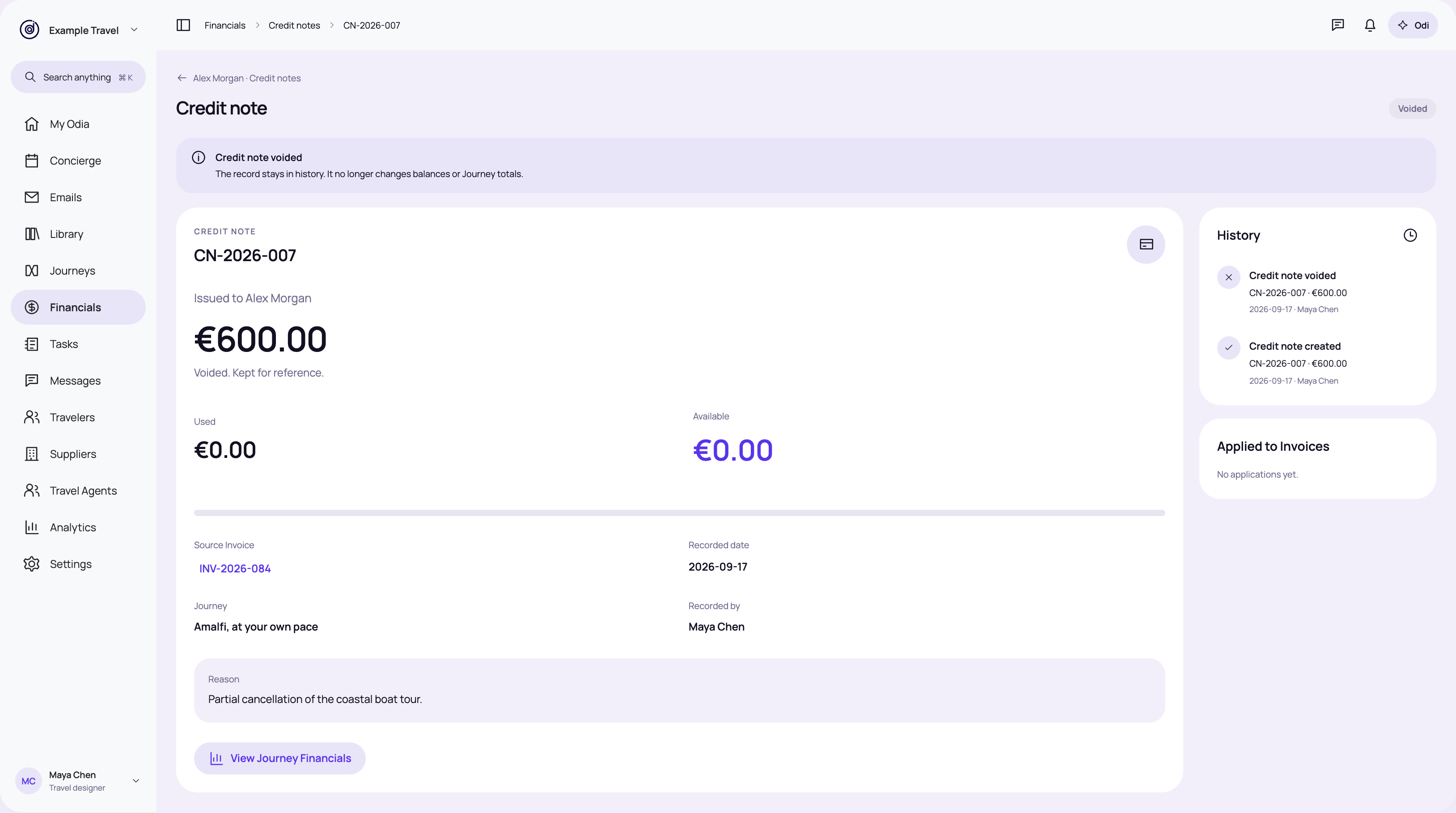 Voided credit note