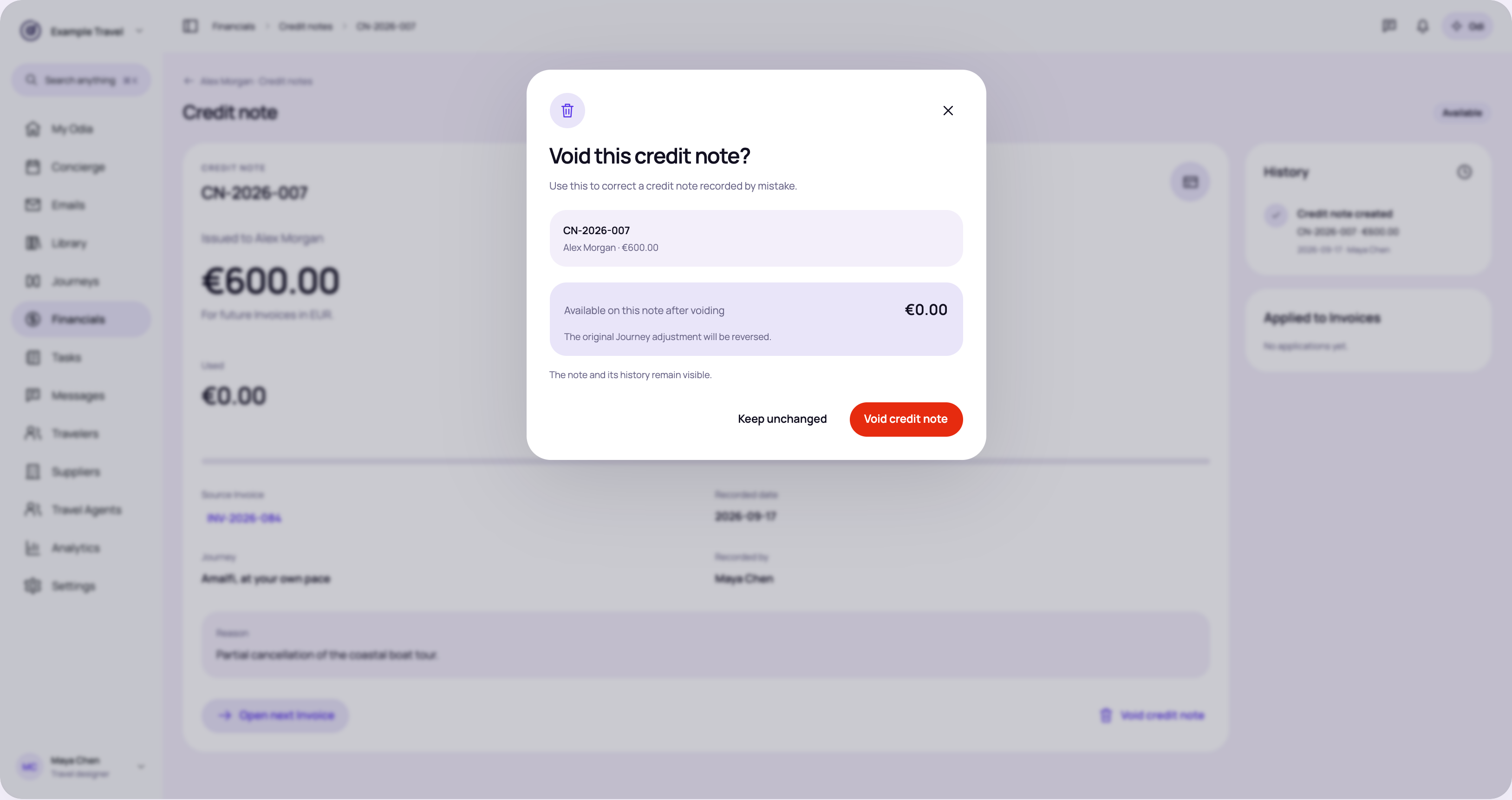 Void an unused credit note